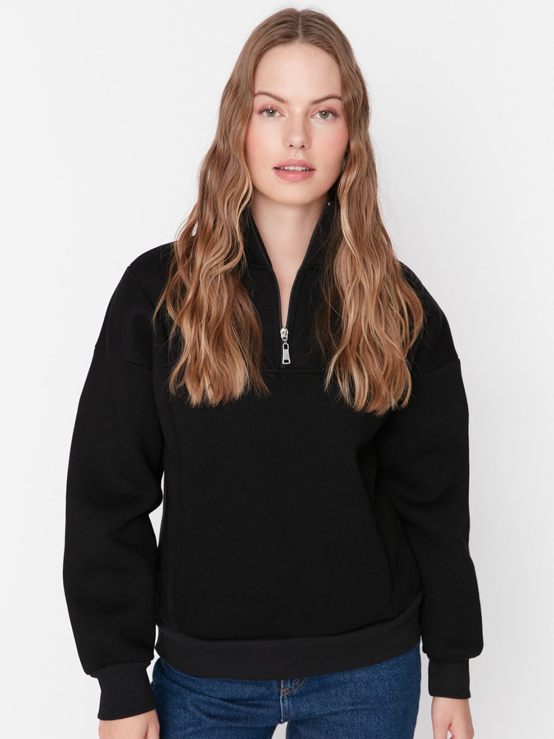 

Trendyol Mock Collar Ribbed Front-Open Sweatshirt, Black