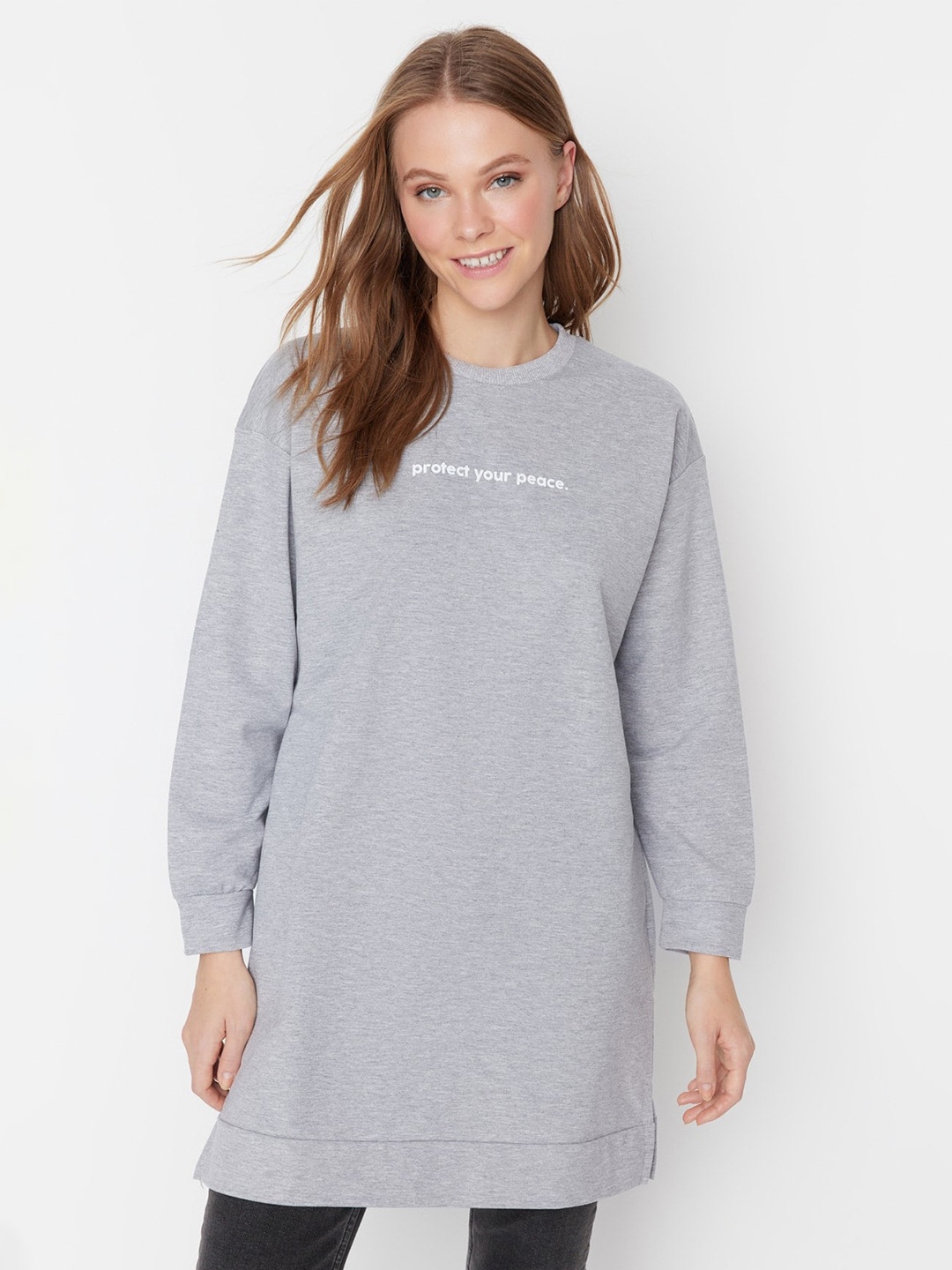 

Trendyol Typography Printed Longline Pullover, Grey