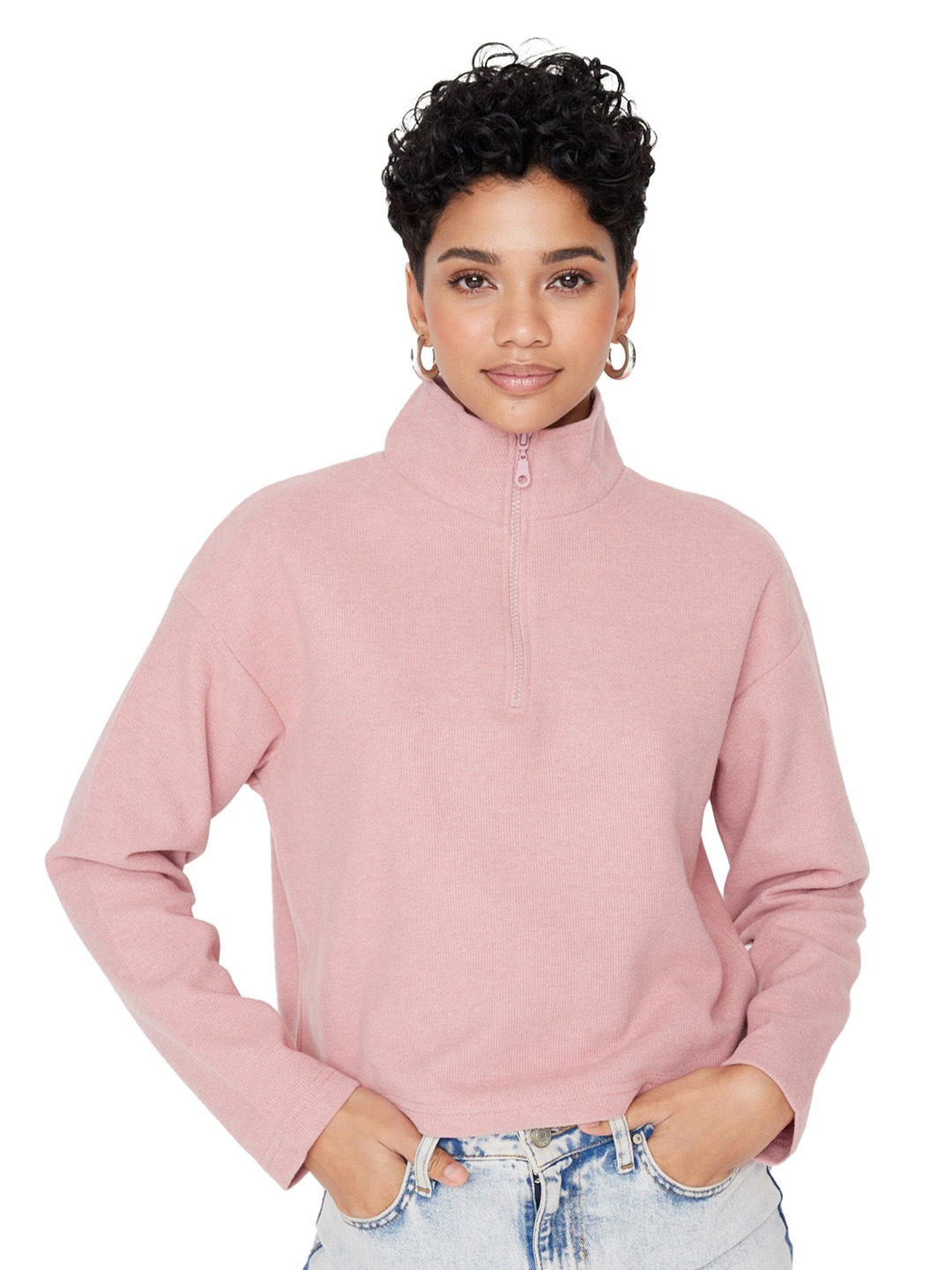

Trendyol Mock Neck Half Zipper Sweatshirt, Pink