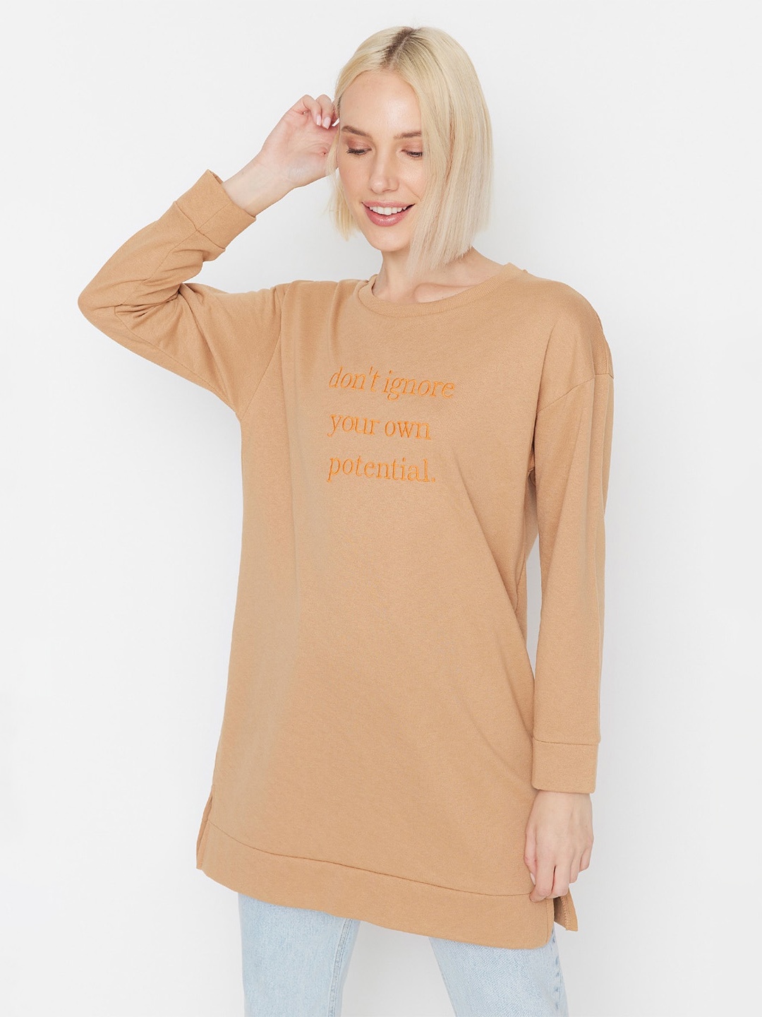 

Trendyol Typography Embroidered Longline Sweatshirt, Brown