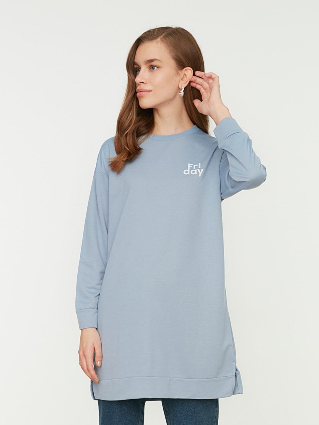 

Trendyol Round Neck Longline Pullover Sweatshirt, Blue