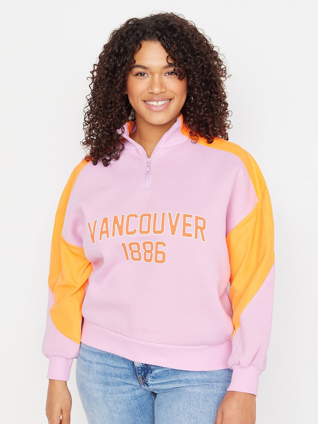 

Trendyol Typography Printed Mock Collar Pullover, Pink