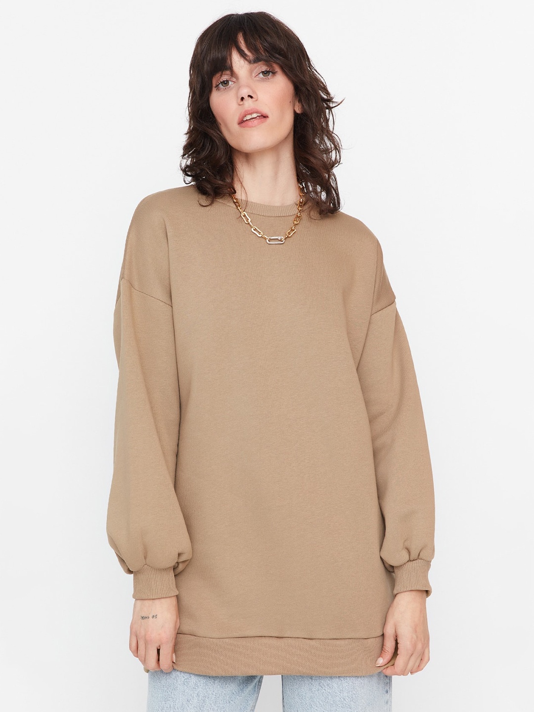 

Trendyol Round Neck Longline Pullover Sweatshirt, Brown