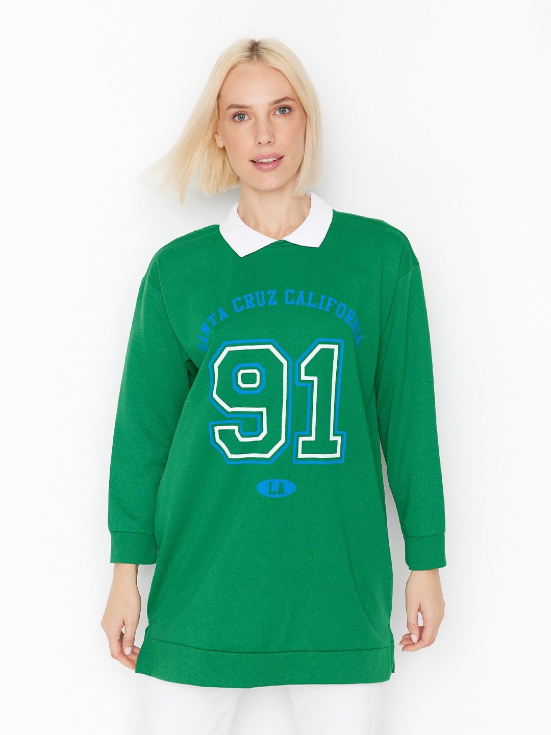 

Trendyol Typography Printed Shirt Collar Pullover Sweatshirt, Green