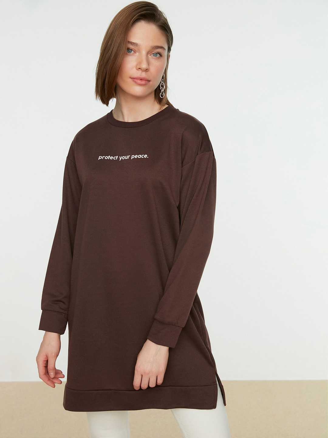 

Trendyol Typography Embroidered Longline Sweatshirt, Brown