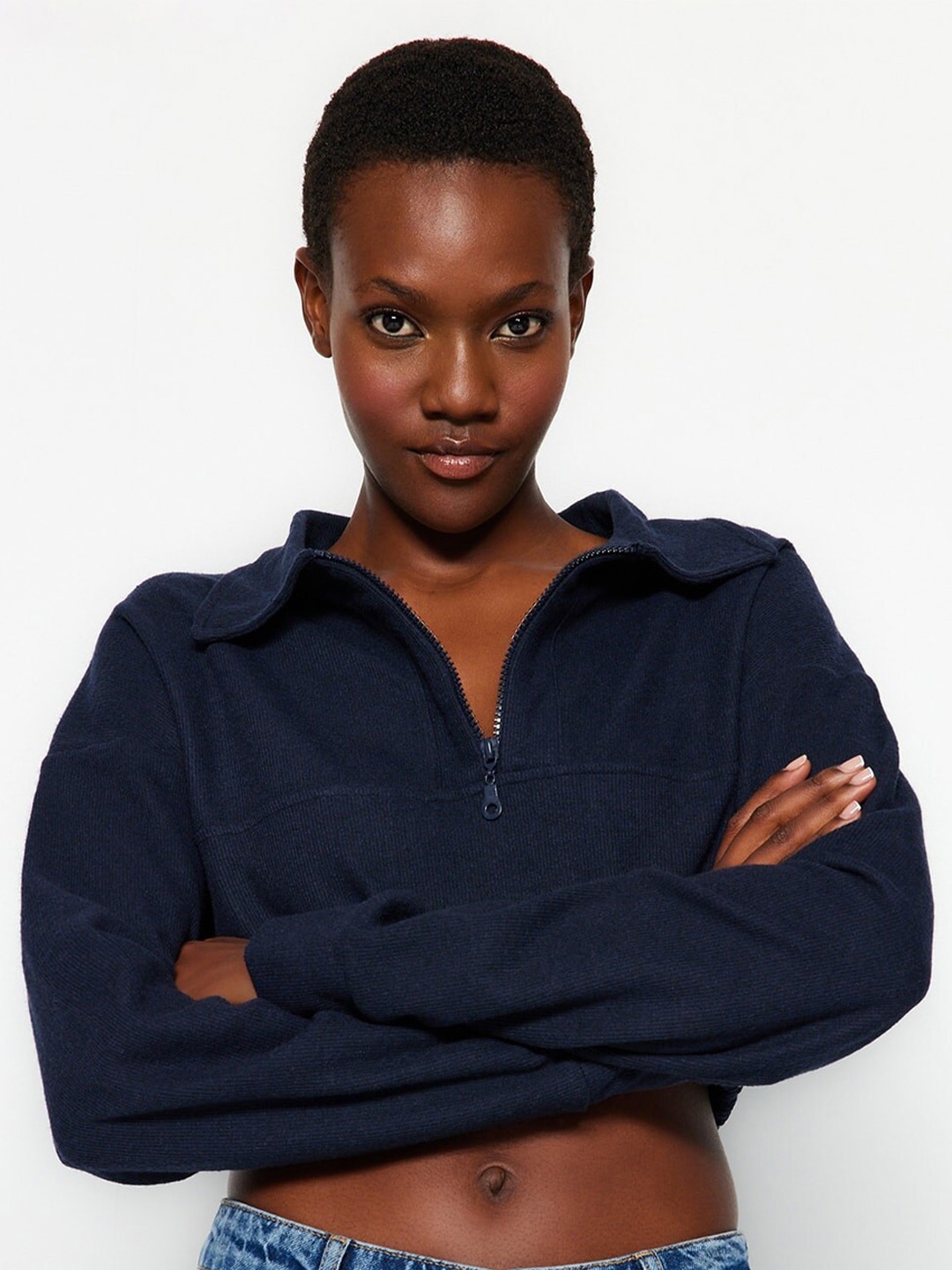 

Trendyol Shirt Collar Crop Sweatshirt, Navy blue