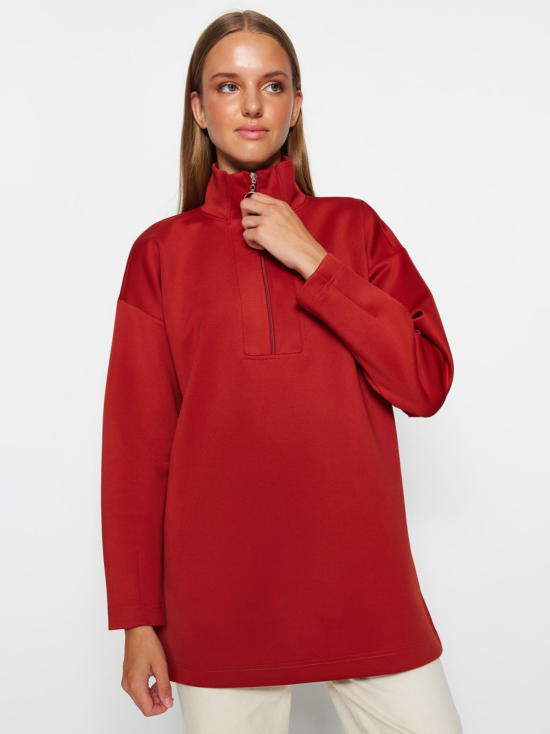 

Trendyol Mock Collar Longline Pullover Sweatshirt, Red