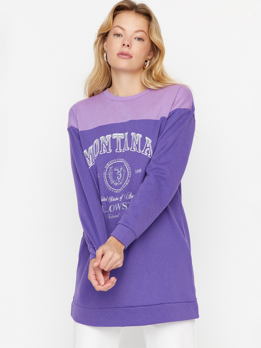 

Trendyol Typography Printed Longline Pullover, Purple