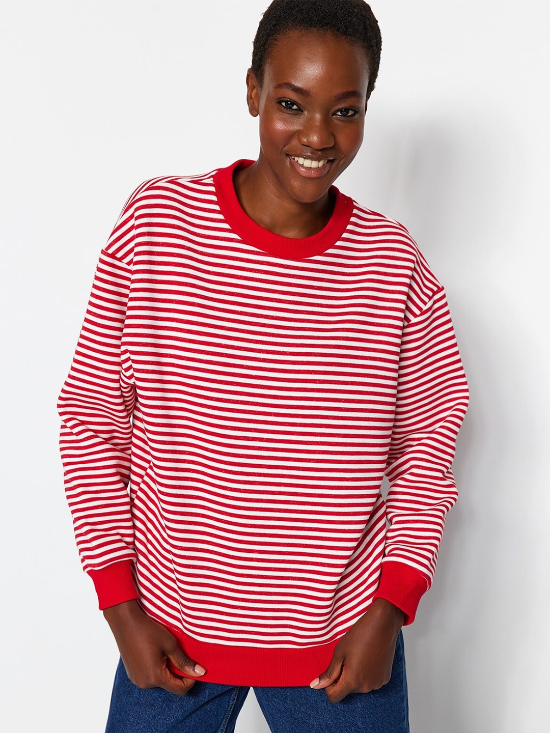 

Trendyol Striped Pullover Sweatshirt, Red