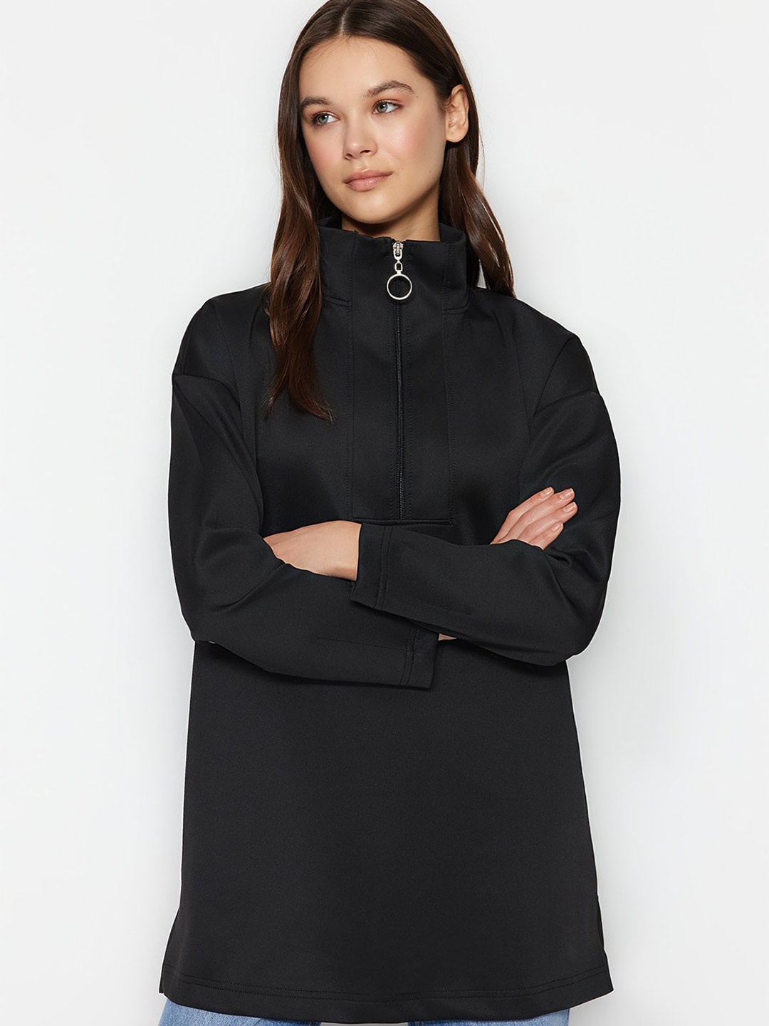 

Trendyol Mock Collar Long Sleeves Longline Pullover, Black