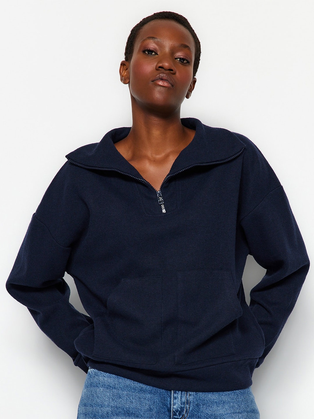 

Trendyol Shirt Collar Long Sleeves Sweatshirt, Navy blue