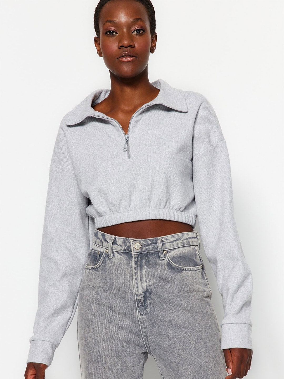 

Trendyol Shirt Collar Long Sleeves Cropped Pullover, Grey