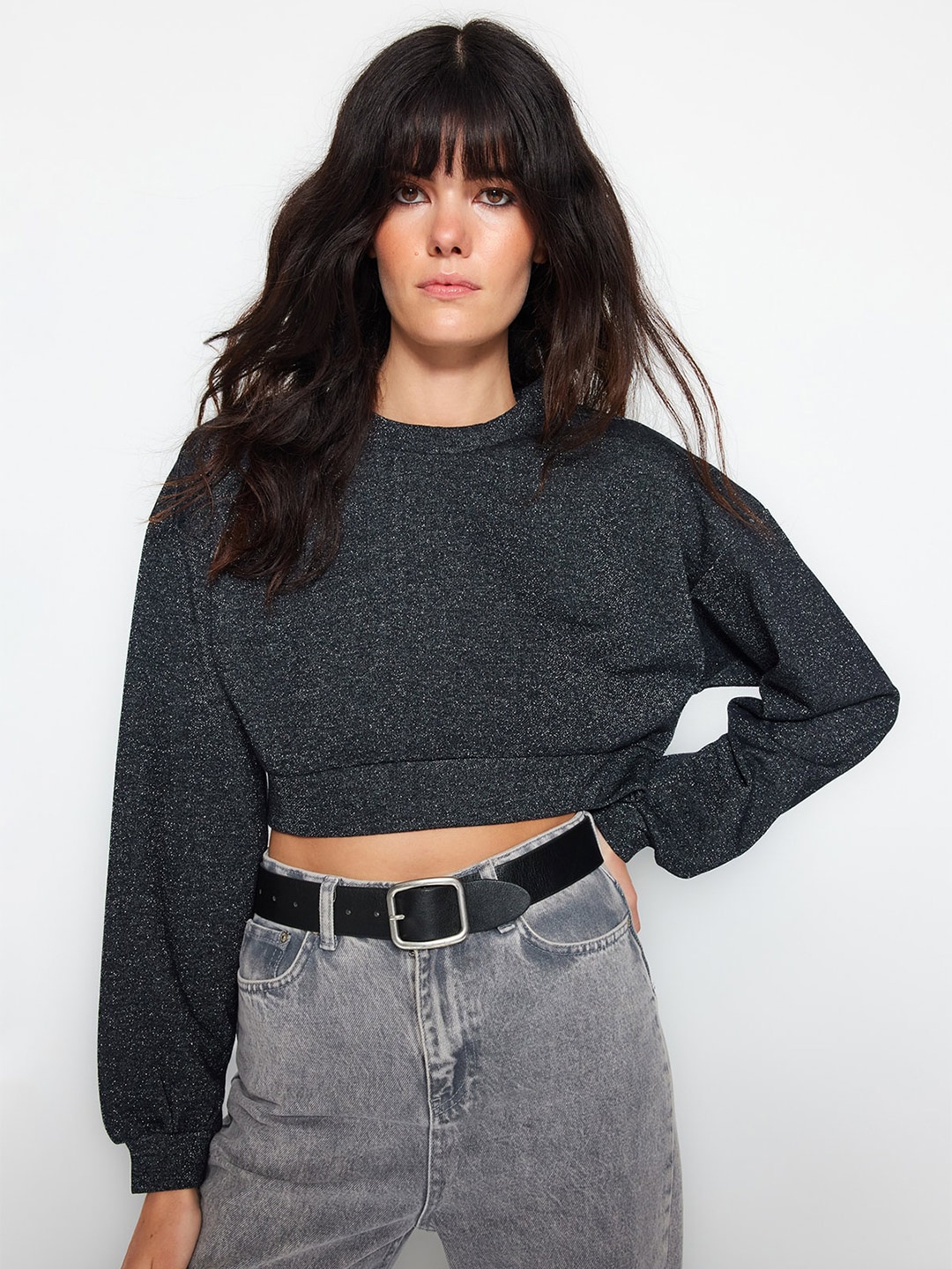 

Trendyol Round Neck Crop Sweatshirt, Grey