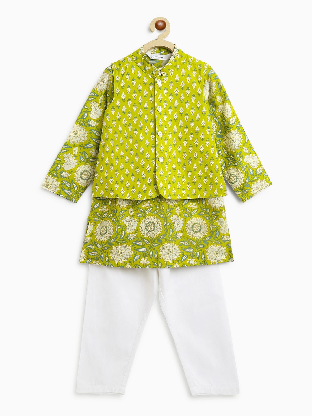 

Campana Boys Floral Printed Pure Cotton Kurta & Pyjamas with Jacket, Lime green