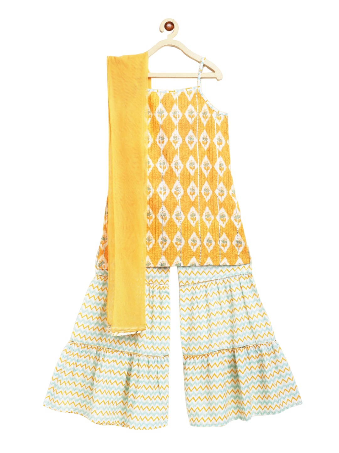 

Campana Girls Ethnic Motifs Printed Pure Cotton Regular Kurta with Sharara & With Dupatta, Yellow