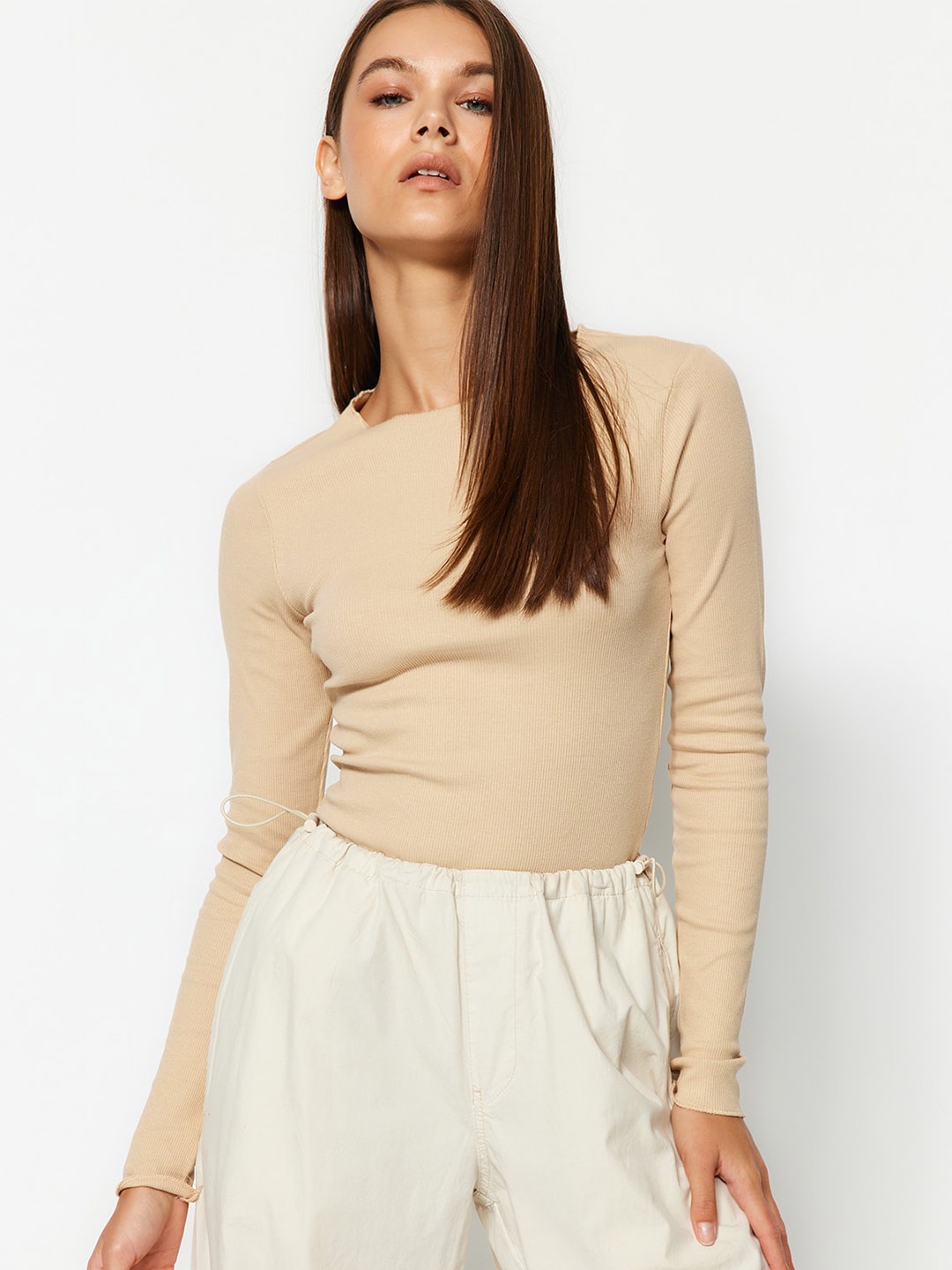 

Trendyol Round Neck Cotton Fitted Regular Top, Beige