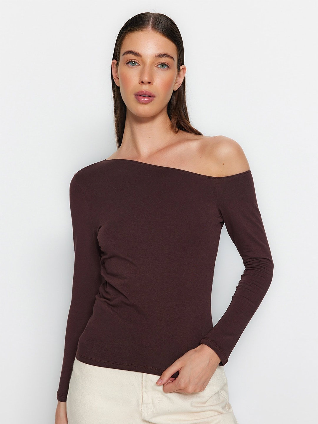 

Trendyol One Shoulder Cotton Bardot Top, Brown