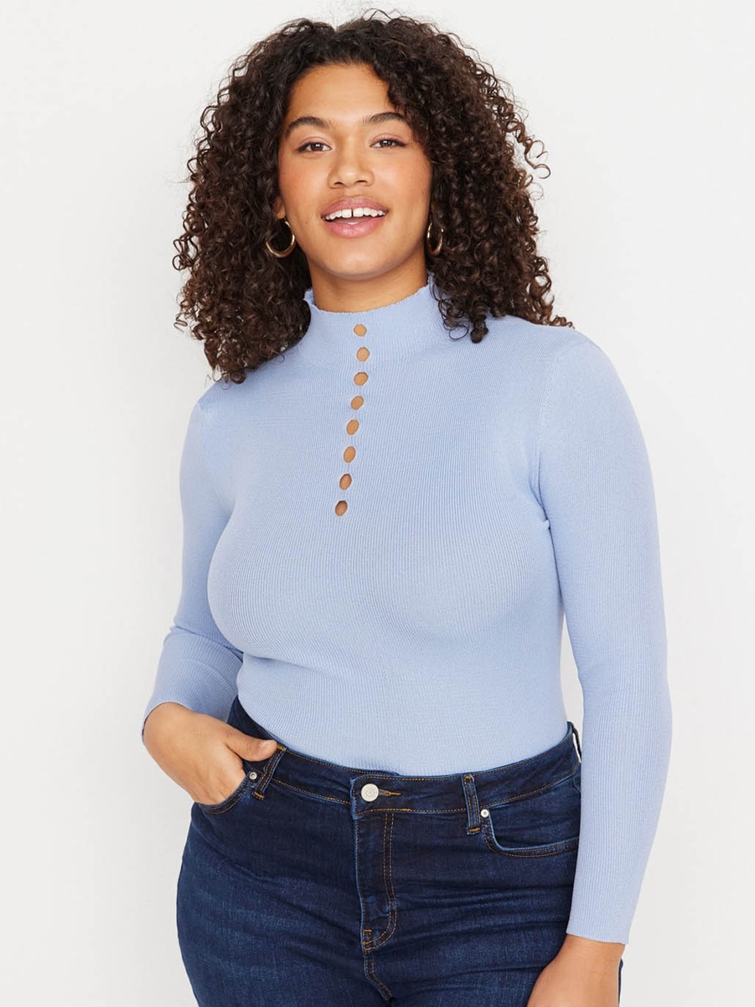 

Trendyol Plus Size Ribbed High Neck Fitted Top, Blue