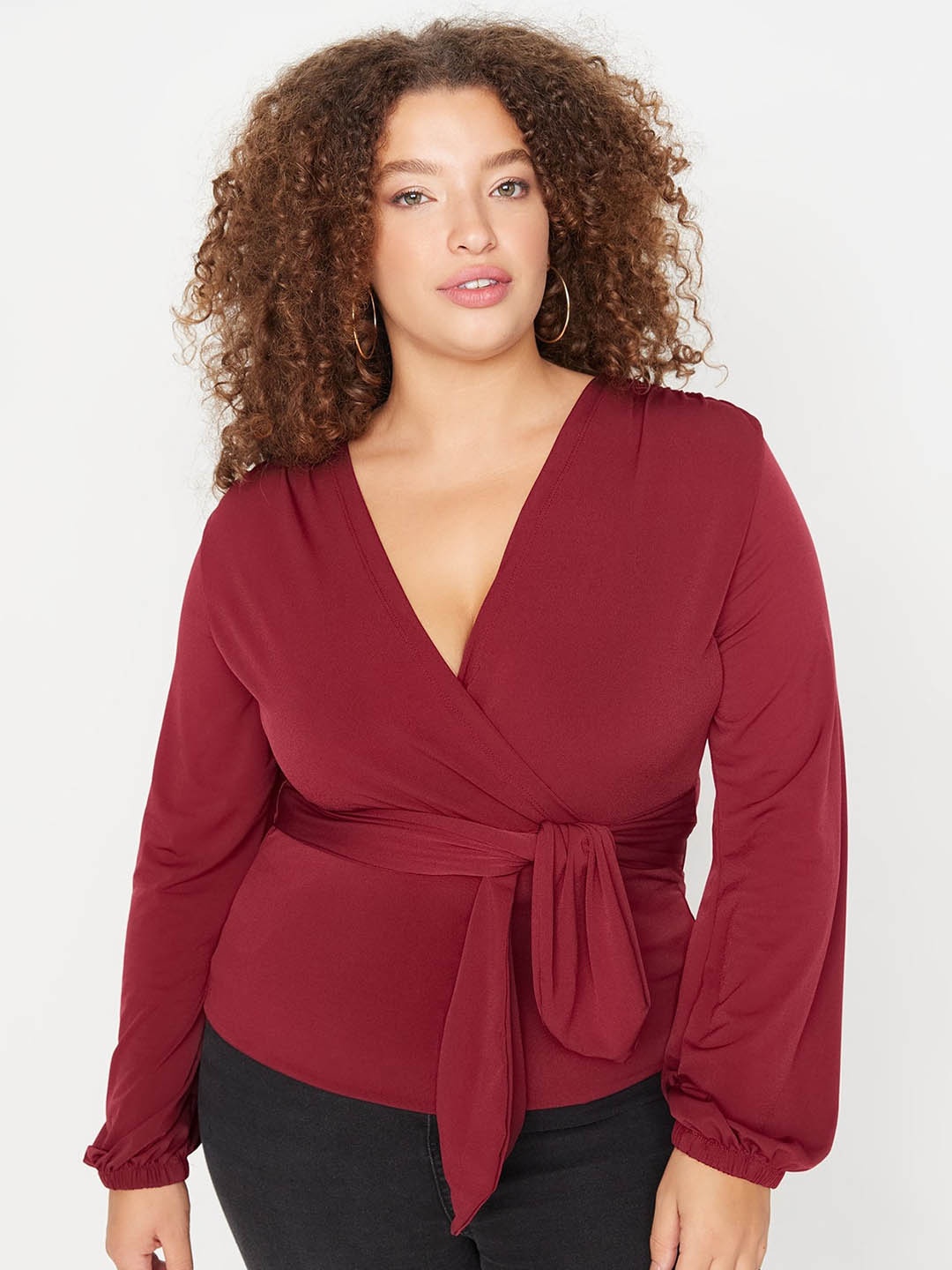 

Trendyol Plus Size V-Neck Tie-Ups Wrap Regular Top, Maroon