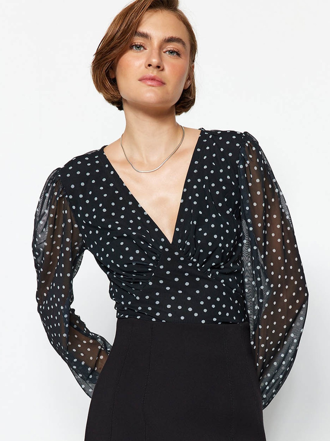 

Trendyol Polka Dot Printed V-Neck Gathered Empire Regular Top, Black