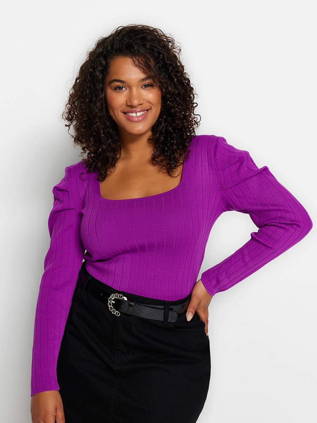 

Trendyol Plus Size Self Design Square Neck Fitted Top, Purple