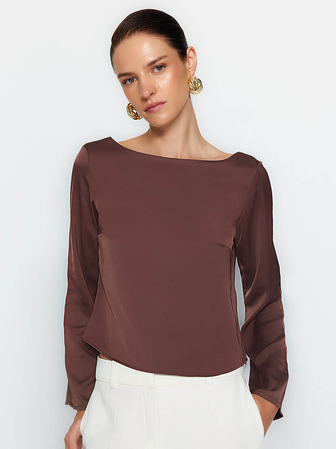 

Trendyol Boat Neck Styled Back Top, Brown