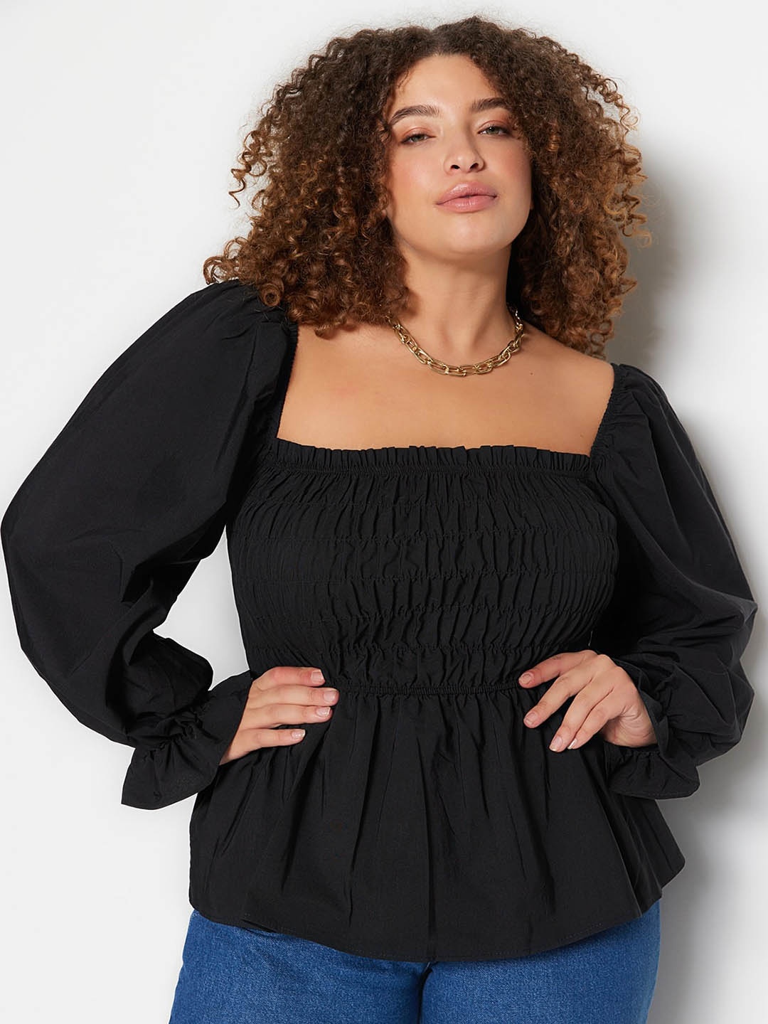 

Trendyol Square Neck Puff Sleeves Smocked Cinched Waist Top, Black