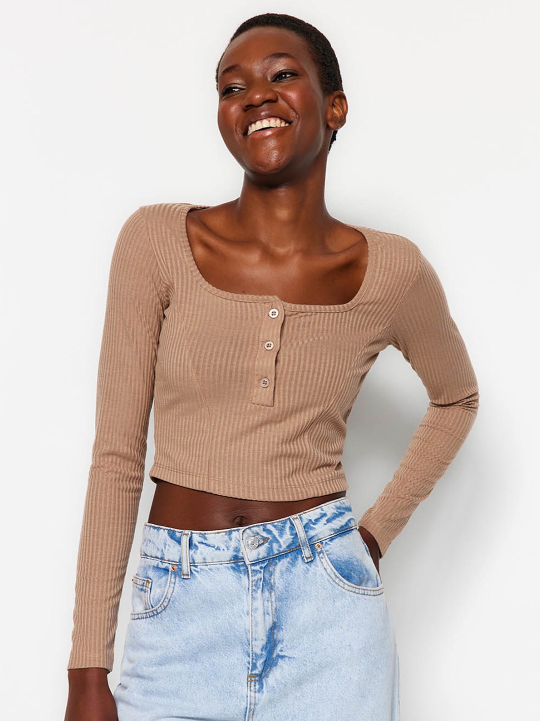 

Trendyol Square Neck Ribbed Top, Beige