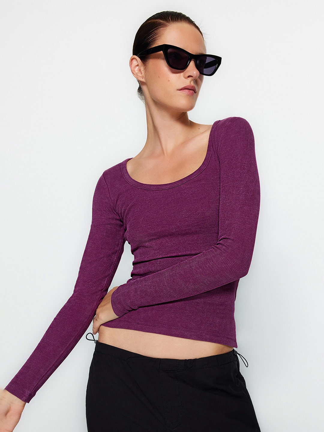 

Trendyol Round Neck Long Sleeve Fitted Top, Purple