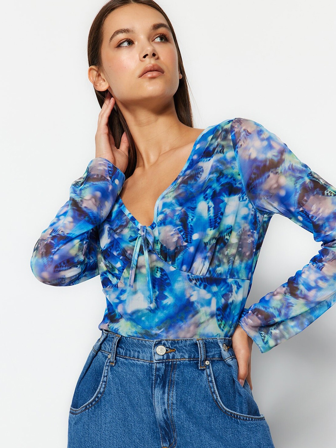 

Trendyol Printed V-Neck Shirt Style Top, Blue