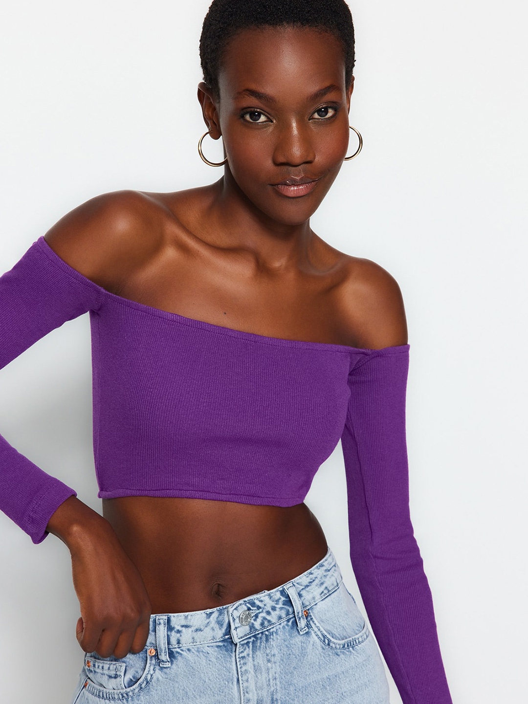 

Trendyol Off-Shoulder Bardot Crop Top, Purple