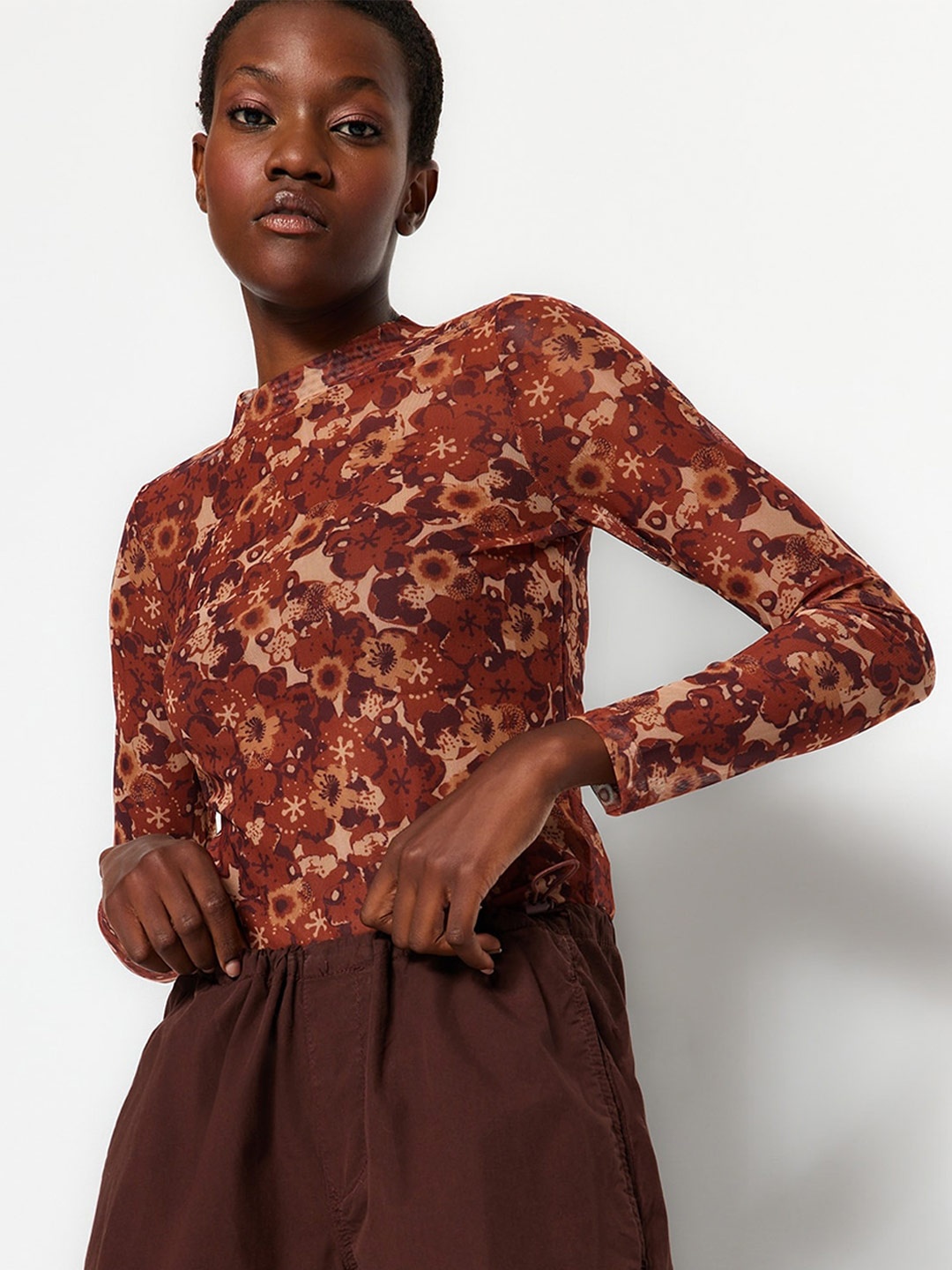 

Trendyol Floral Printed High Neck Long Sleeves Top, Brown