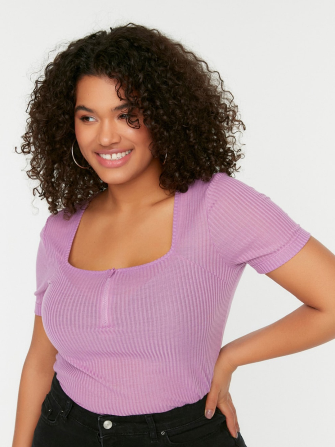 

Trendyol Plus Size Ribbed Square Neck Regular Top, Purple