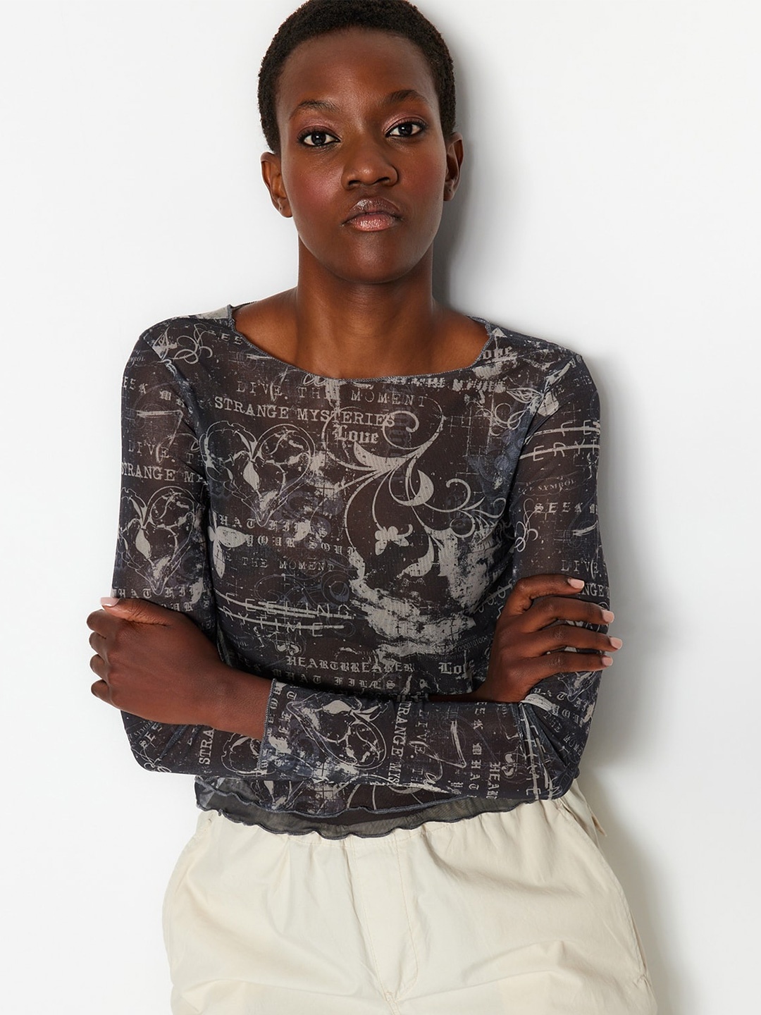 

Trendyol Typography Printed Top, Brown