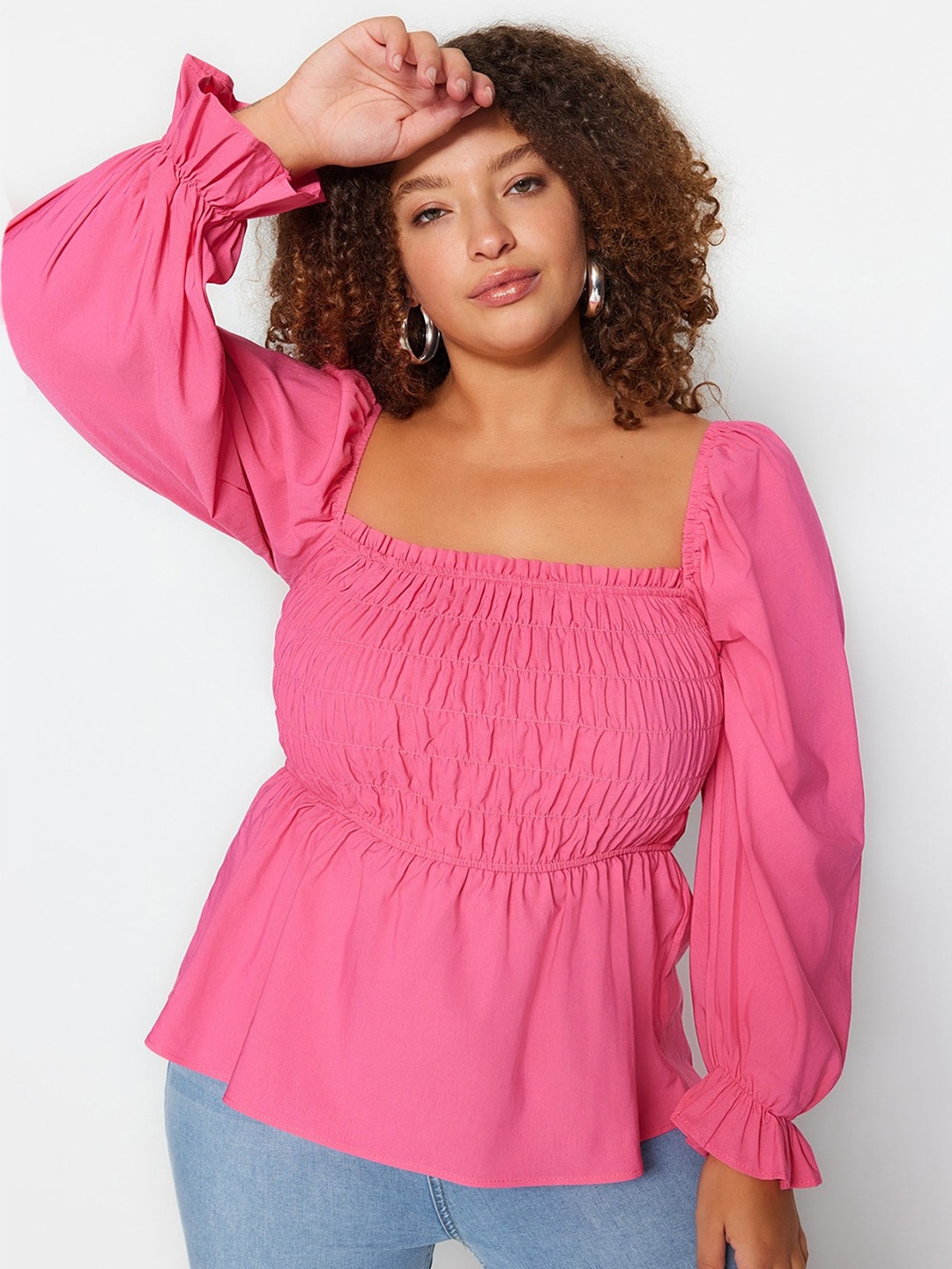 

Trendyol Puff Sleeve Smocked Cinched Waist Top, Pink