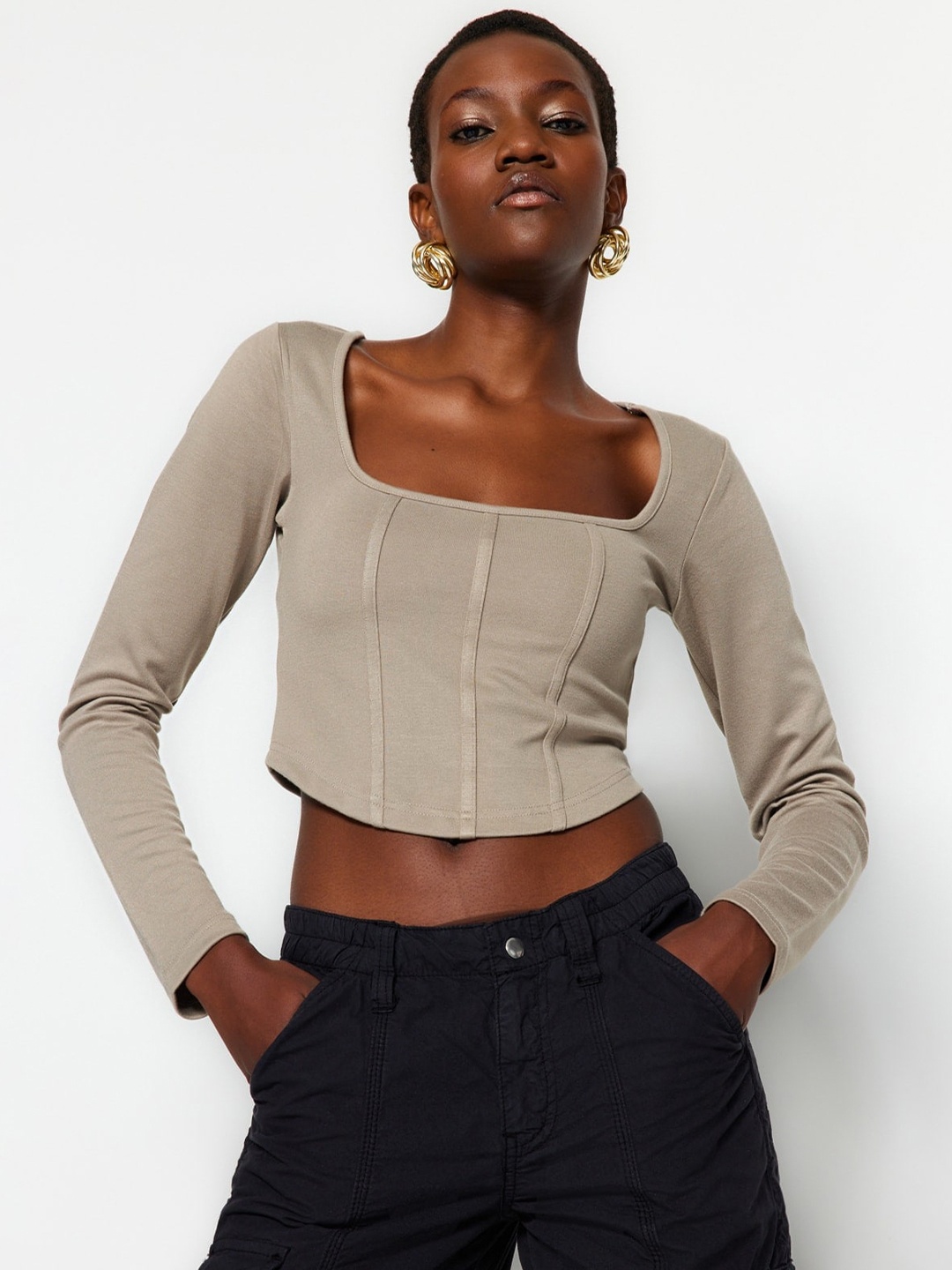 

Trendyol Square Neck Long Sleeves Crop Regular Top, Beige