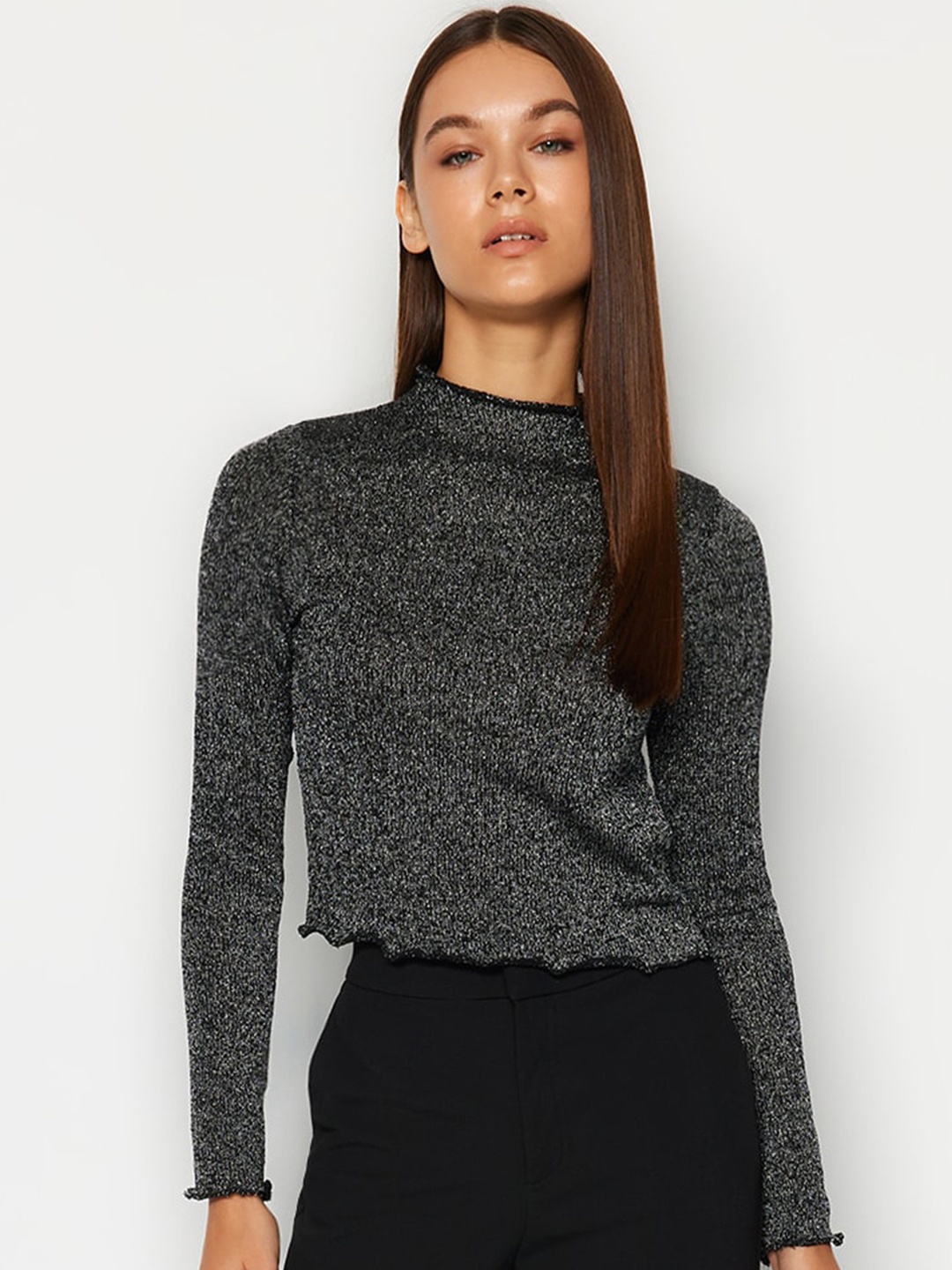 

Trendyol Embellished High Neck Crop Top, Black