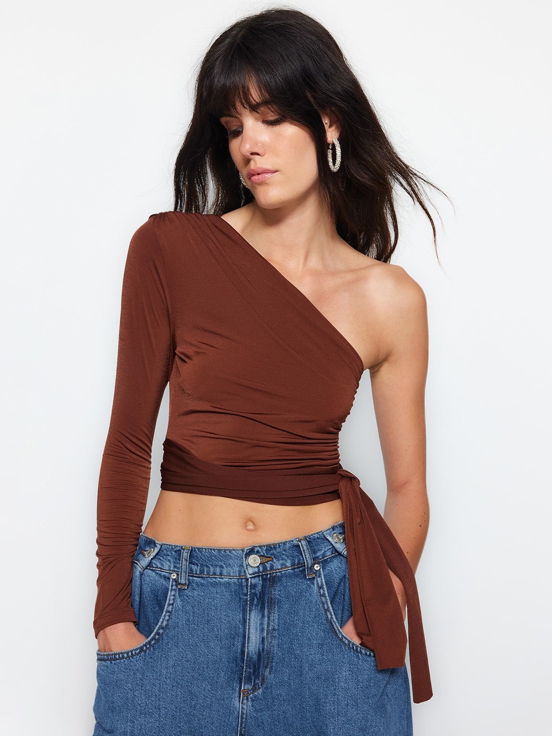 

Trendyol One Shoulder Fitted Crop Top, Brown