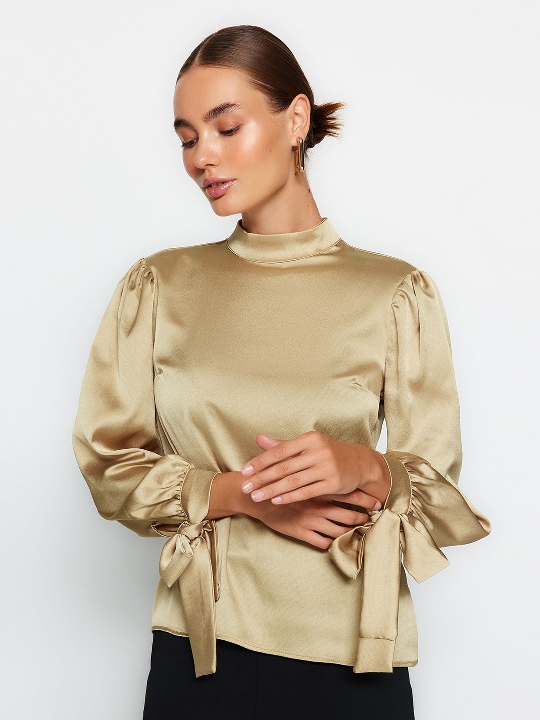 

Trendyol High Neck Puff Sleeve Shirt Style Top, Khaki