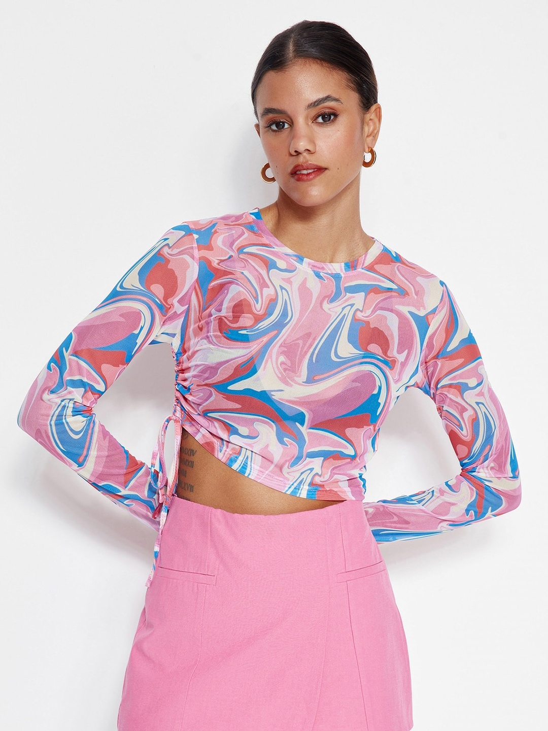 

Trendyol Abstract Printed Fitted Crop Top, Pink