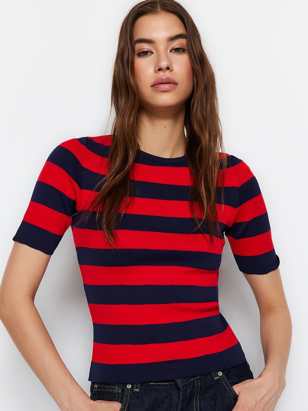 

Trendyol Striped Round Neck Fitted Top, Navy blue