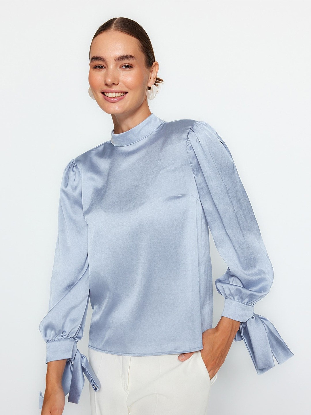 

Trendyol High Neck Puff Sleeve Top, Blue