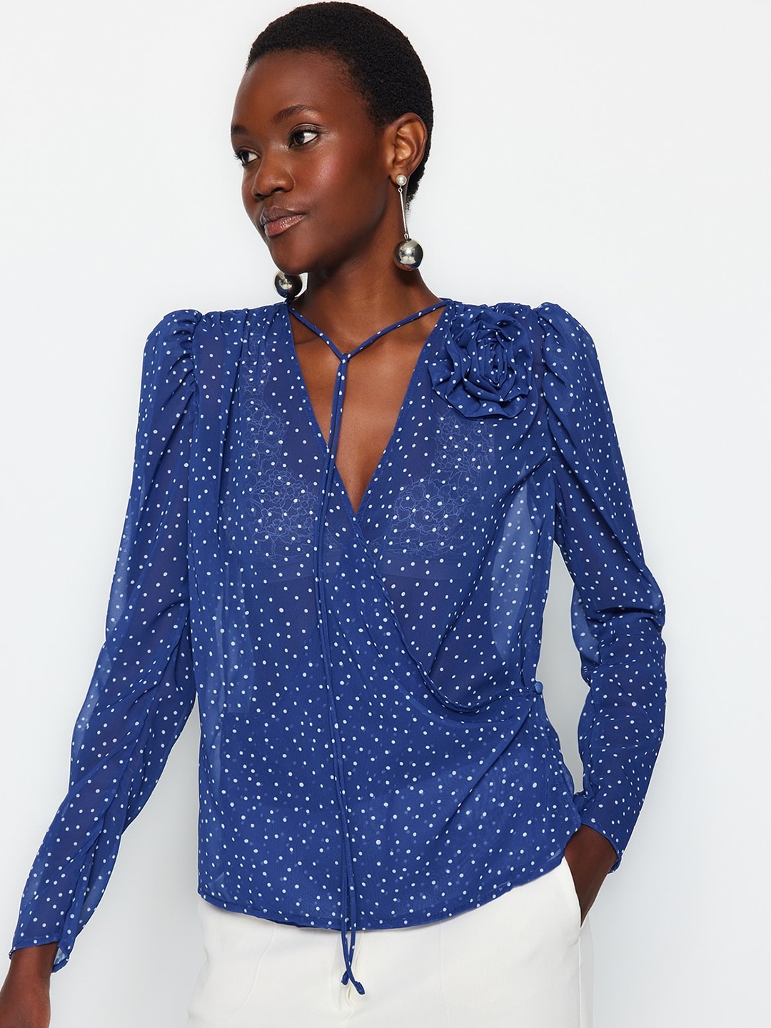 

Trendyol Geometric Printed Tie-Up Neck Regular Top, Blue
