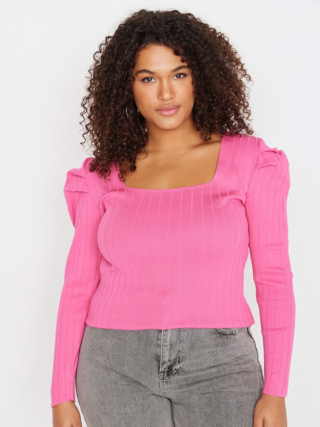 

Trendyol Plus Size Self Design Square Neck Puff Sleeve Fitted Top, Pink