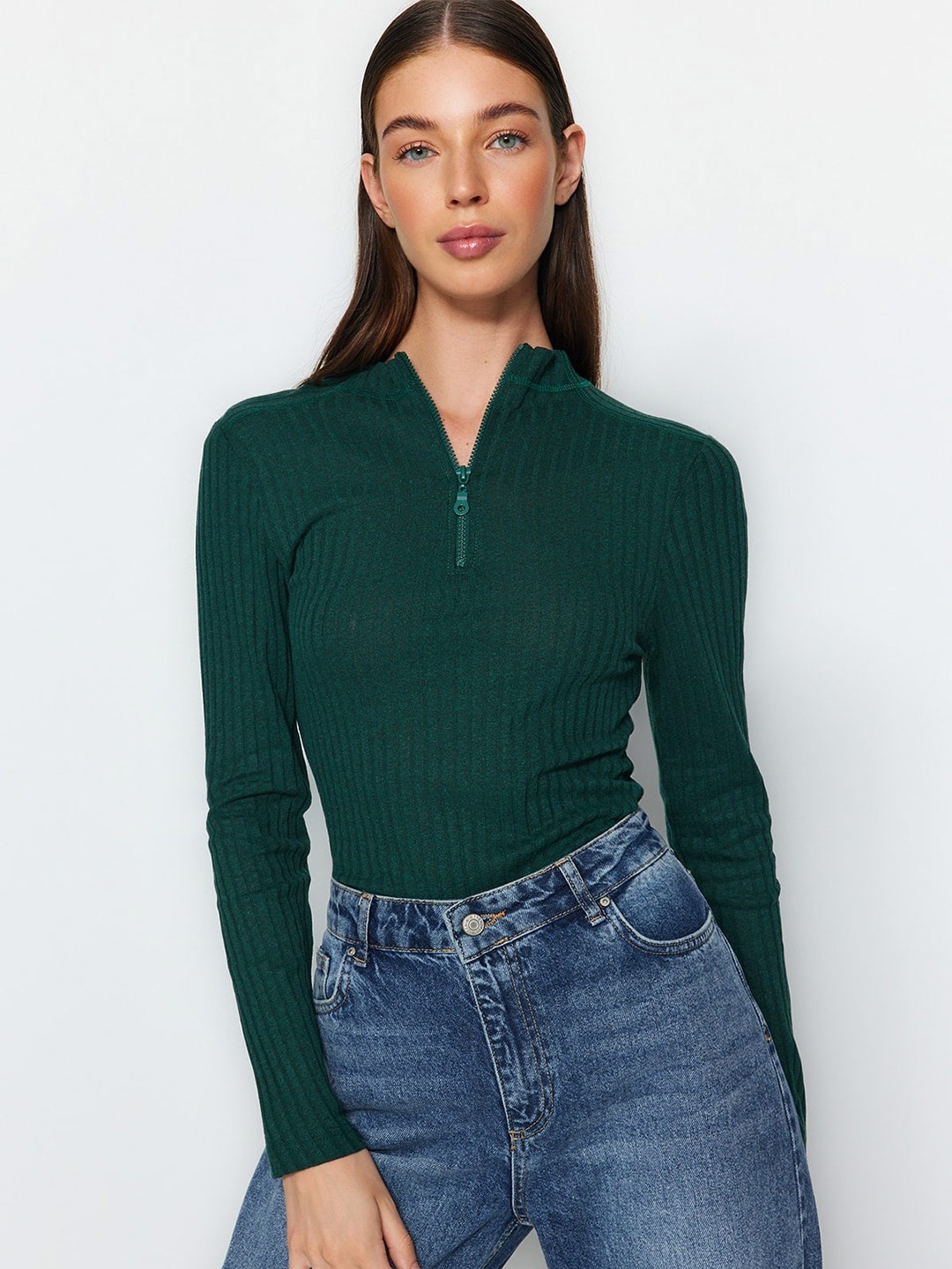 

Trendyol Striped Mock Collar Cotton Top, Green