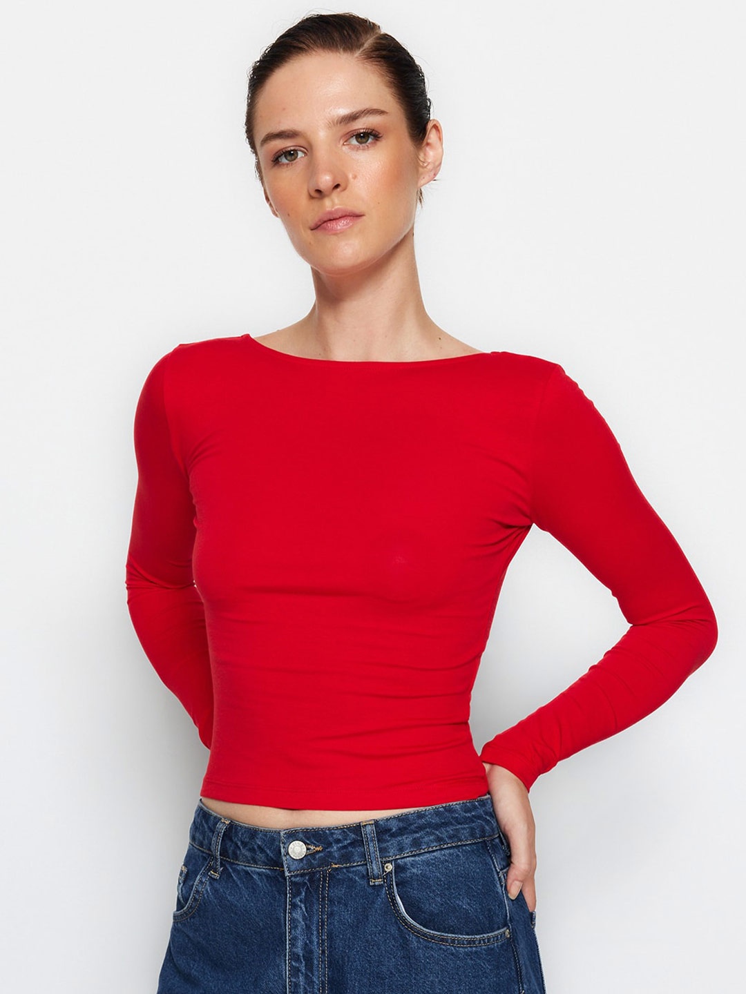 

Trendyol Boat Neck Cotton Fitted Crop Top, Red