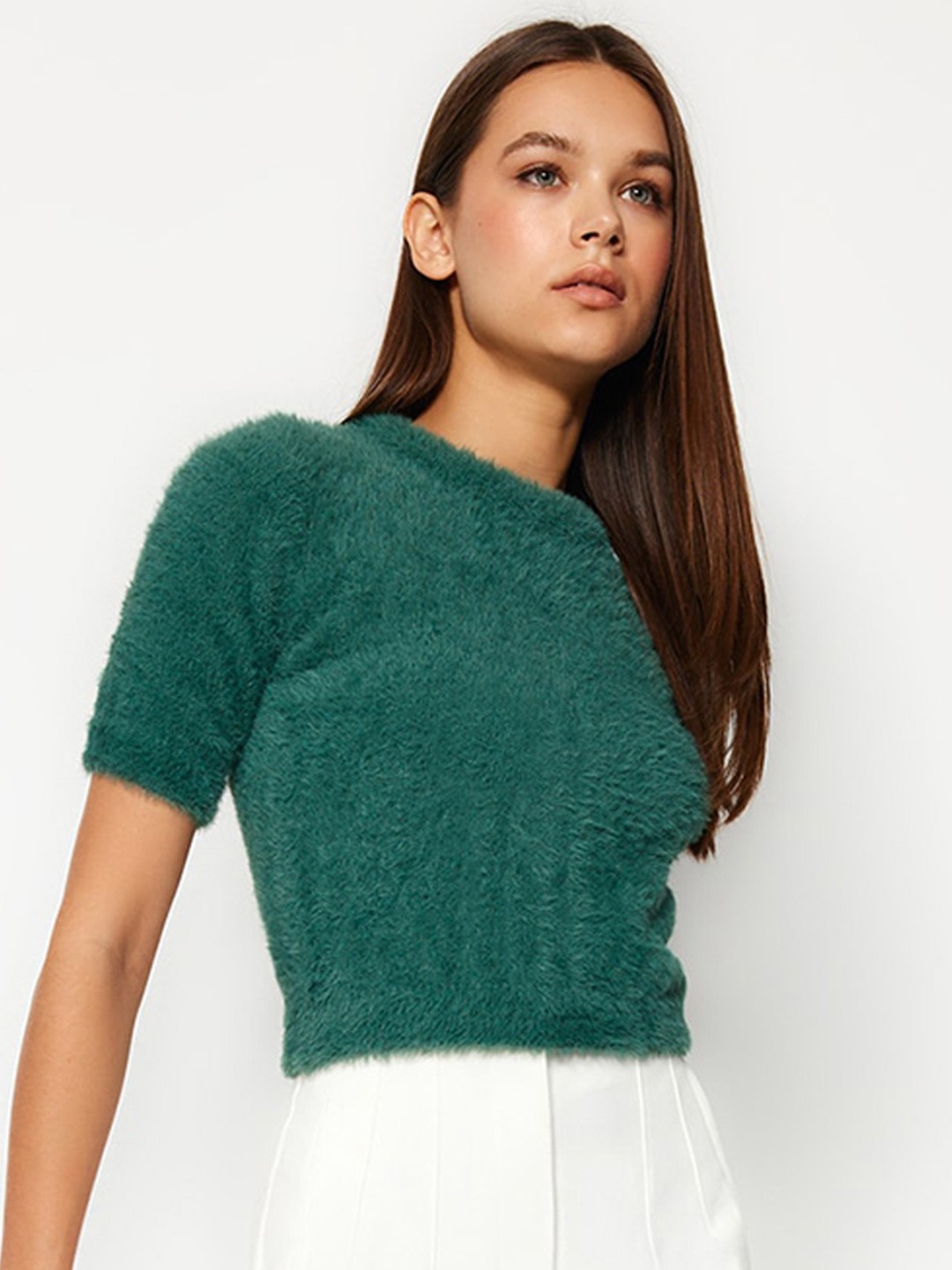 

Trendyol Self Design Round Neck Casual Crop Top, Green