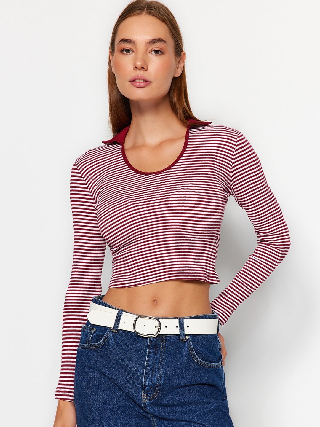 

Trendyol Striped Crop Fitted Top, Burgundy