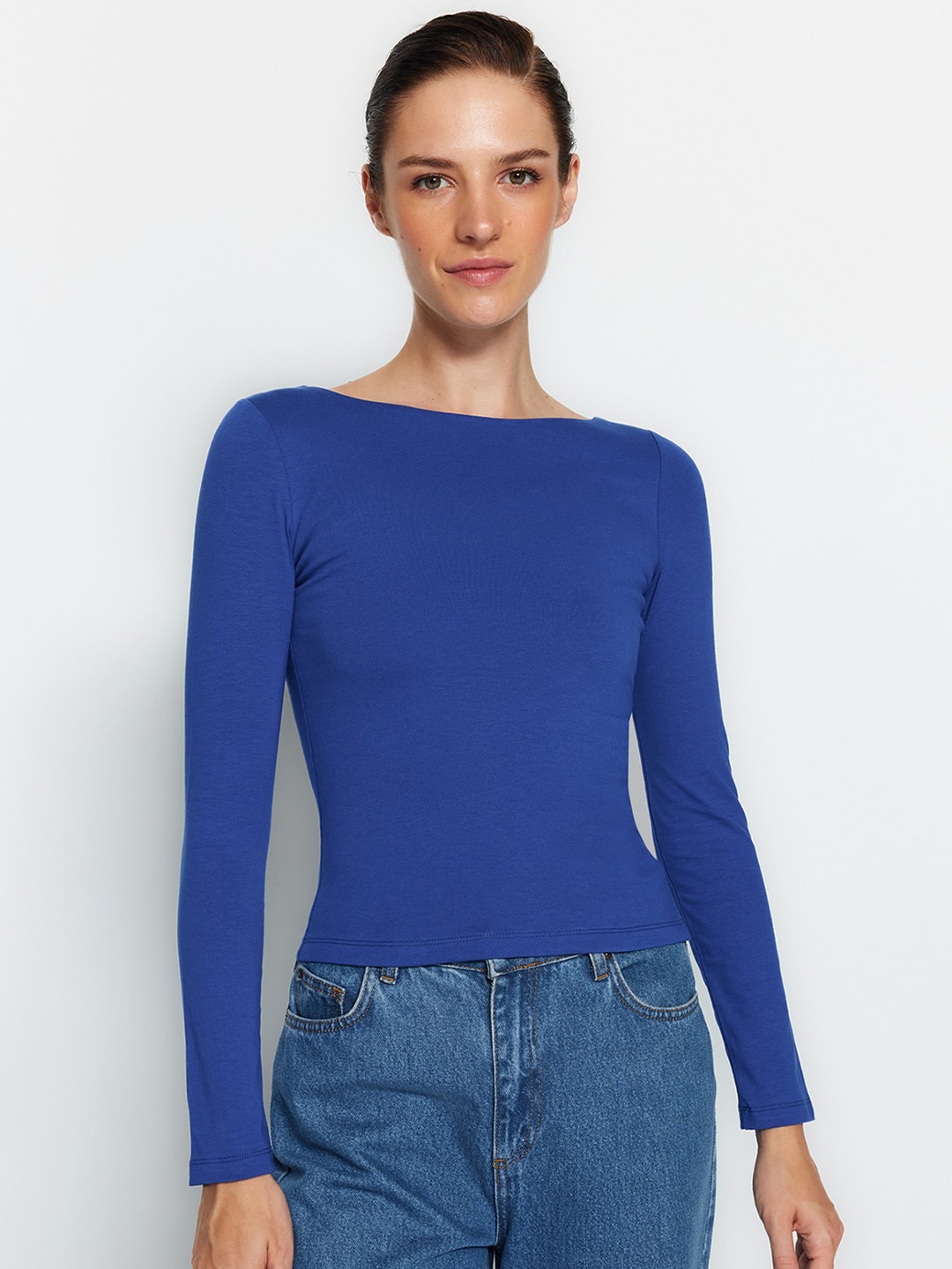 

Trendyol Boat Neck Long Sleeves Top, Blue
