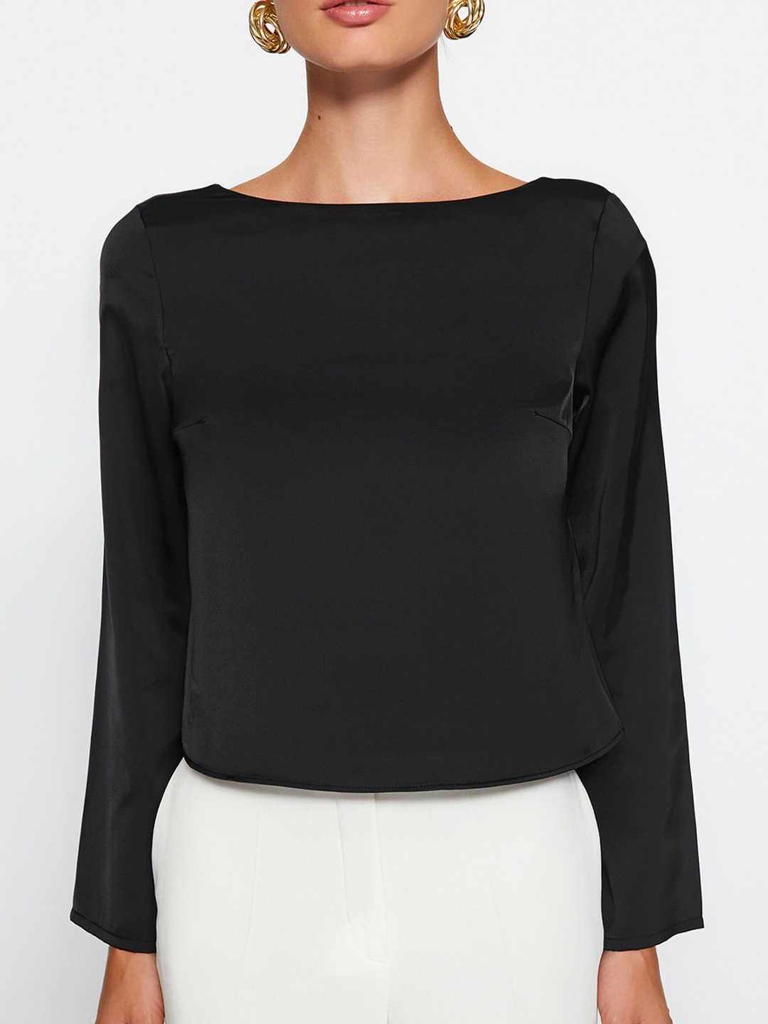 

Trendyol Boat Neck Flared Sleeves Styled Back Top, Black